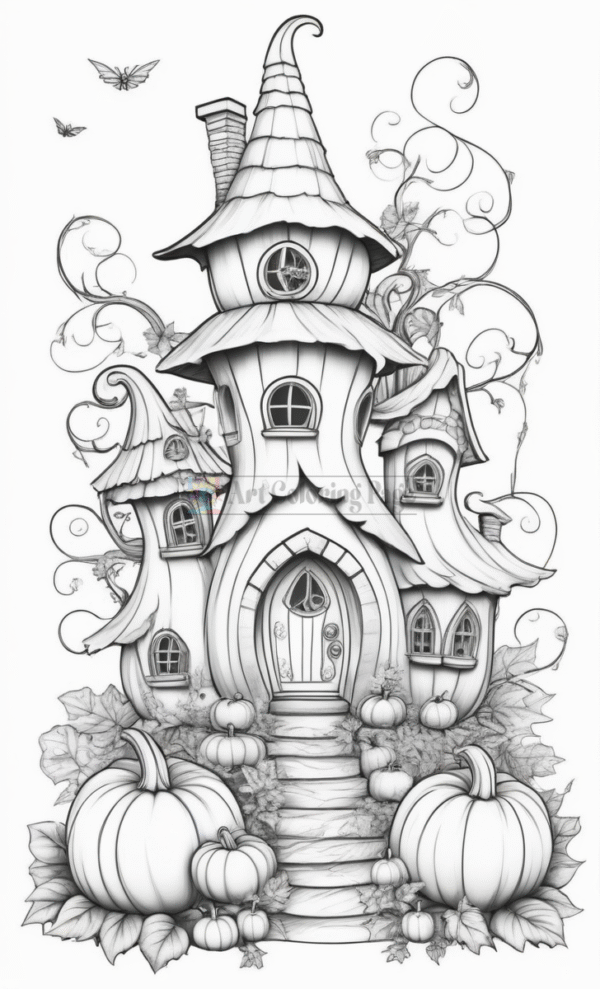 A whimsical, fantastical house with a spiral roof, surrounded by pumpkins and decorative vines, featuring detailed line art.