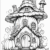 A whimsical, detailed illustration of a pumpkin-shaped house with a tall, spiraled roof, surrounded by pumpkins and vines.