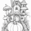 A whimsical fairy tale cottage surrounded by oversized mushrooms, pumpkins, and leafy vines, all in intricate black and white line art.