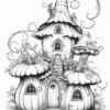 A whimsical fairy tale mushroom house with multiple colorful roofs, surrounded by oversized pumpkins and leafy vines.