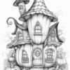 A whimsical, cartoon-style house with a tall, conical turret, surrounded by pumpkins and foliage.