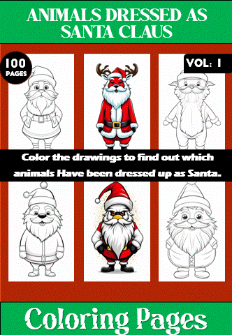 Animals dressed as Santa Claus featured in a coloring book with multiple pages for coloring activities available on artcoloringpage.com.