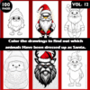 A collection of animal-themed coloring pages dressed as Santa Claus, from a coloring book titled 