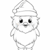 A cartoonish, round, fluffy creature wearing a Santa hat, smiling with big eyes and arms outstretched, ready for coloring.