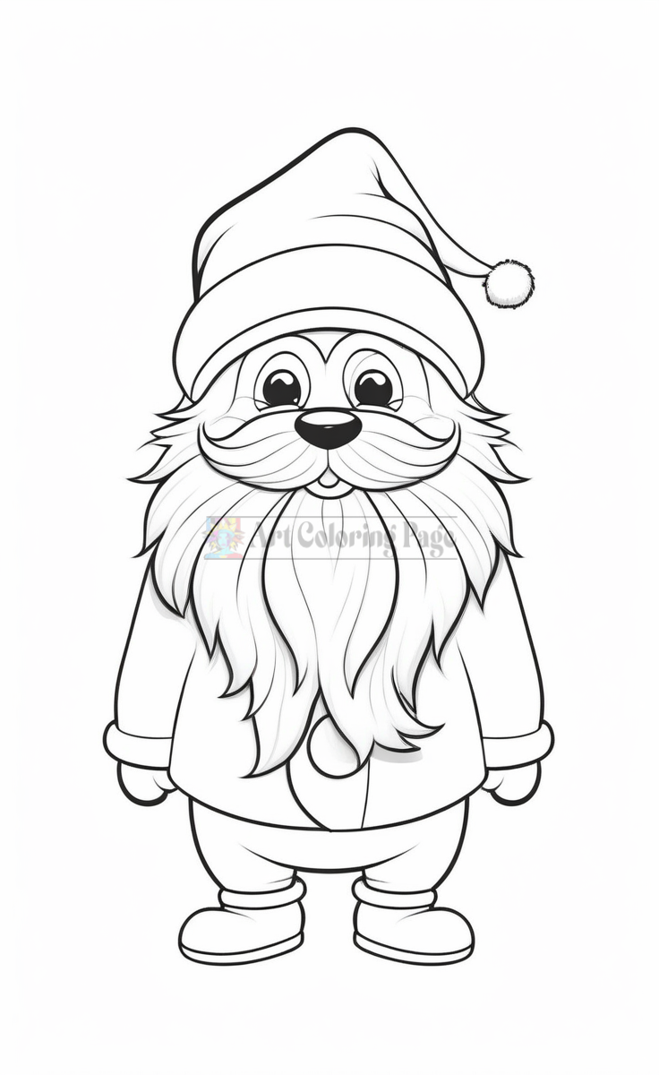 A cartoon Santa Claus with a large beard, wearing a festive hat and outfit, ready for coloring.