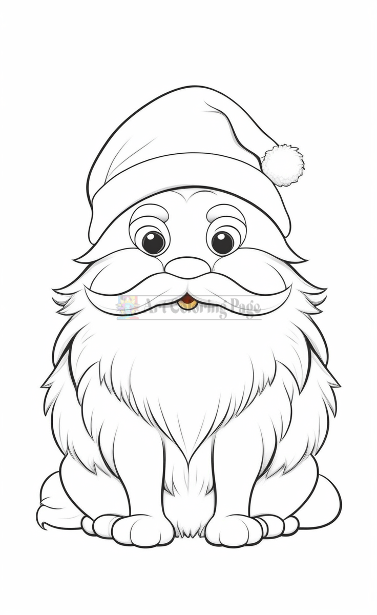 A fluffy cat with a Santa hat and a mustache, sitting and looking directly at the viewer in a festive pose.
