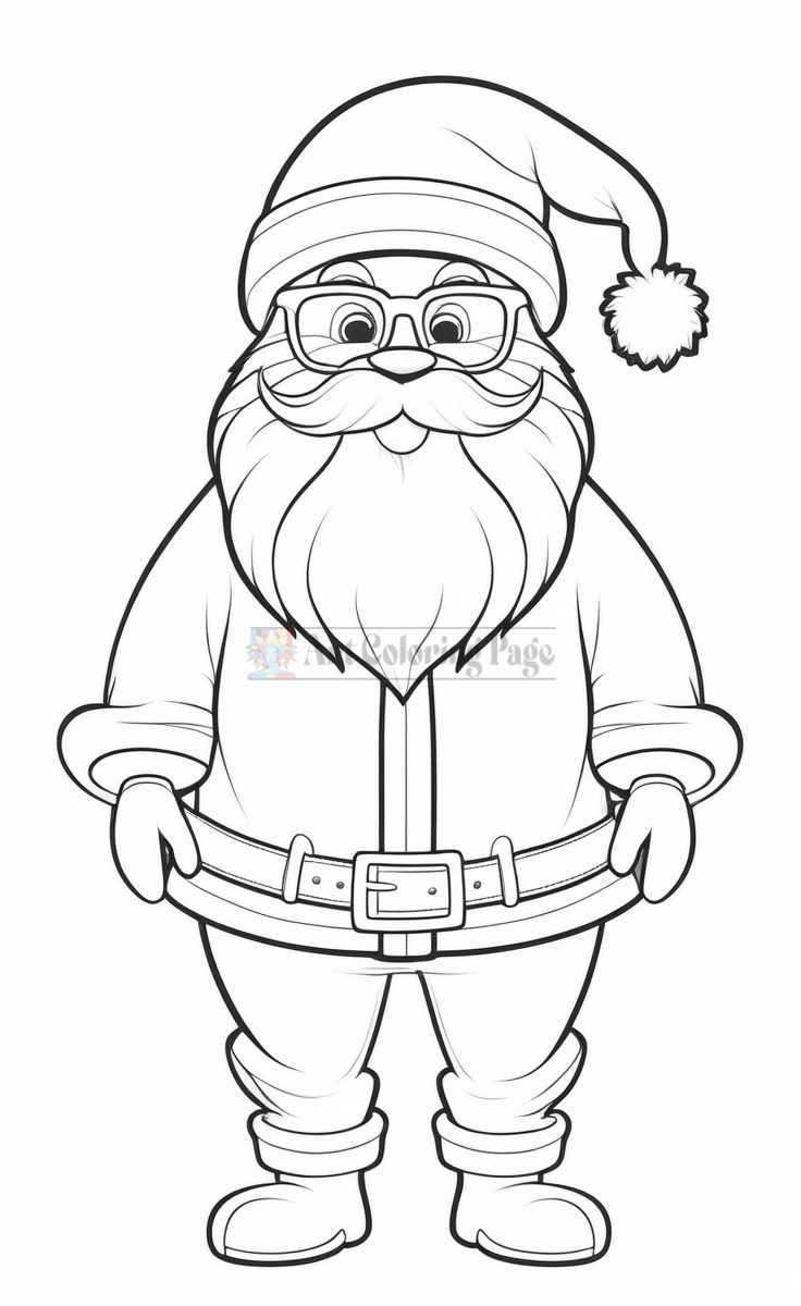 Santa Claus stands smiling, wearing a red hat and glasses, with a fluffy white beard and a belt around his waist.