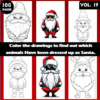 Six cartoon illustrations of animals dressed as Santa Claus, with a bold text instruction to color the drawings. Features include a classic Santa beard and hat.
