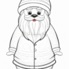 A cartoon-style Santa Claus with a large beard, wearing a striped hat and a coat, outlined for coloring.