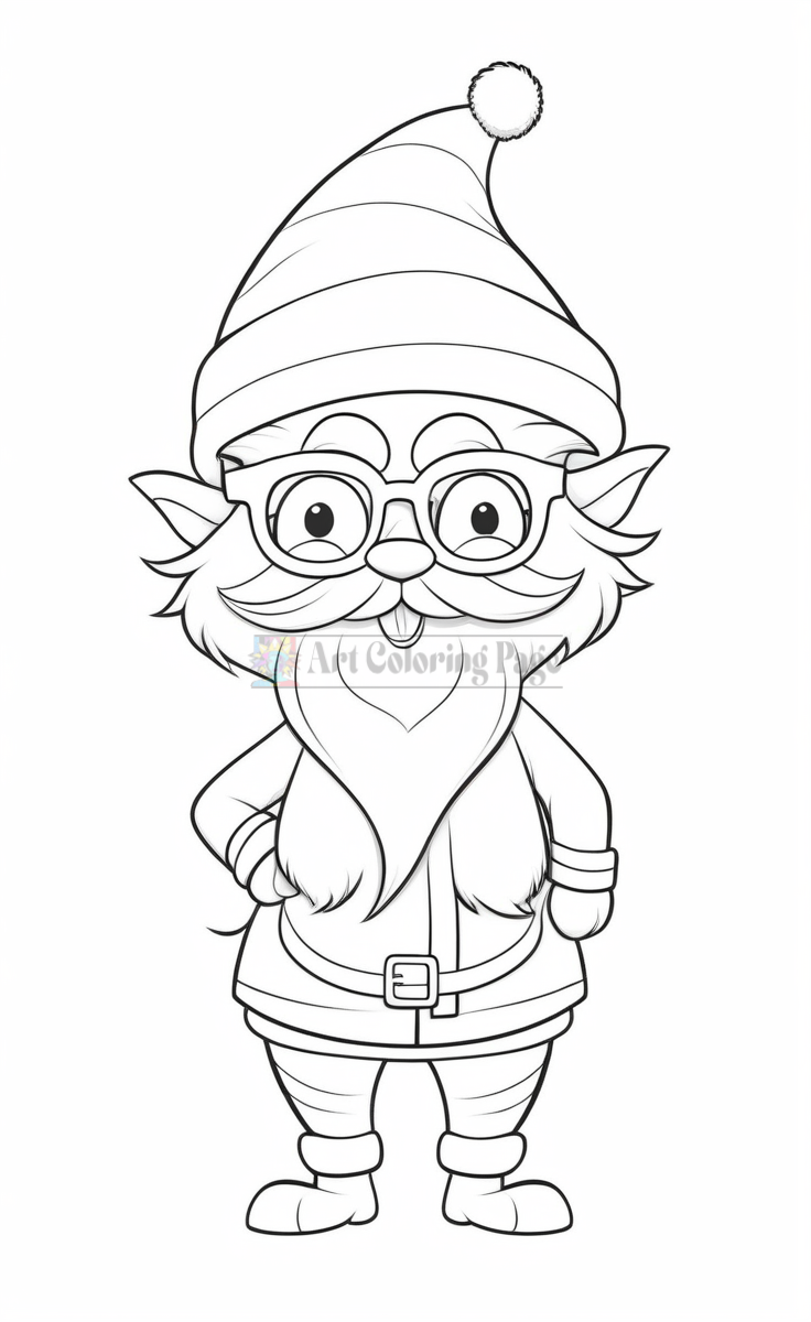 A cheerful cartoon elf with glasses, wearing a striped hat and a belt, standing in a playful pose.