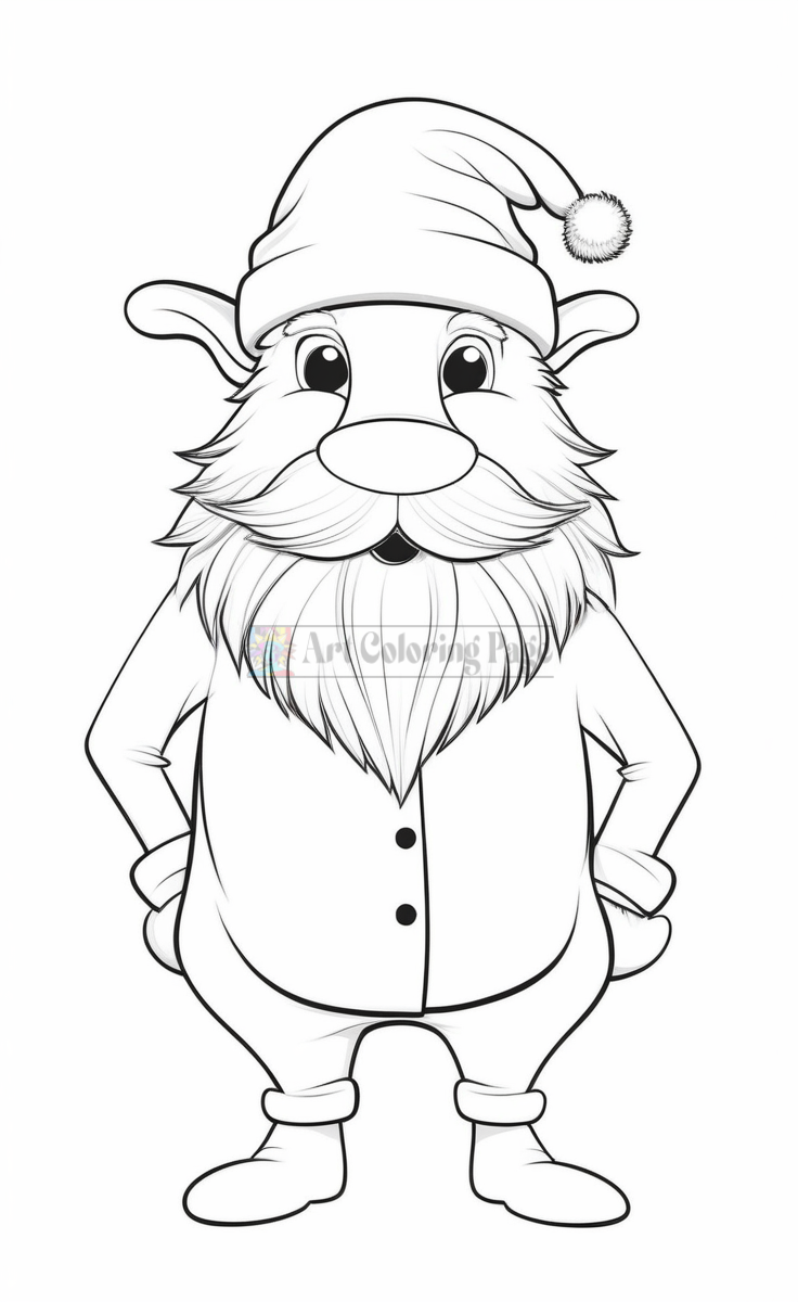 A cartoon-style gnome with a long beard and a pointed hat, wearing a buttoned coat and posing with hands on hips.