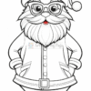 A cartoon Santa with glasses, wearing a hat and coat, stands with his hands on his hips, smiling broadly.