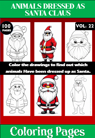 Coloring pages featuring animals dressed as Santa Claus, promoting artcoloringpage.com and their collection of coloring books.