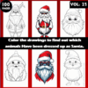 Six black-and-white drawings of animals dressed as Santa Claus, promoting a coloring book from artcoloringpage.com with 100 pages.