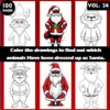 Animals dressed as Santa Claus illustrated in a coloring book format, featuring various Santa figures to color. Available on artcoloringpage.com.