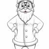A cheerful cartoon Santa Claus with glasses, wearing a winter coat and hat, standing with hands on hips.