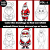 A collection of coloring pages featuring animals dressed as Santa Claus for a coloring book, showcasing six festive designs.