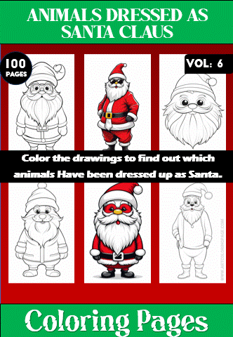 A collection of coloring pages featuring animals dressed as Santa Claus for a coloring book, showcasing six festive designs.