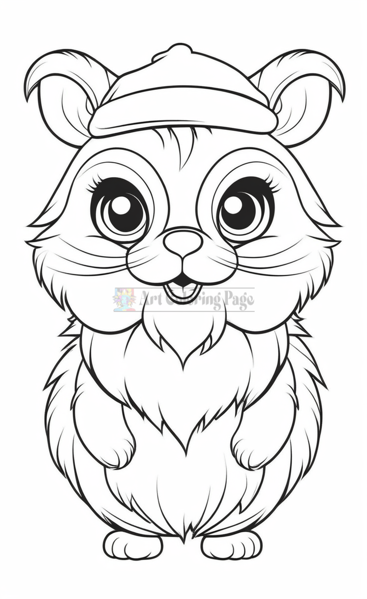 A cute cartoon hamster wearing a hat, with large expressive eyes and fluffy fur, designed for coloring activity.