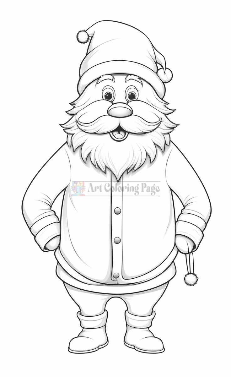 A cheerful cartoon Santa Claus with a big beard, wearing a Santa hat and outfit, standing with hands on his hips.