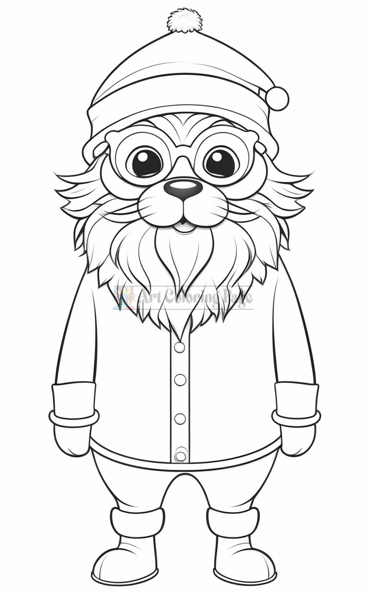 A cartoon lion character wearing glasses, a winter hat, and a coat, ready for coloring.