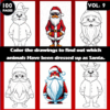 Coloring pages featuring animals dressed as Santa Claus, available in a 100-page coloring book from artcoloringpage.com.
