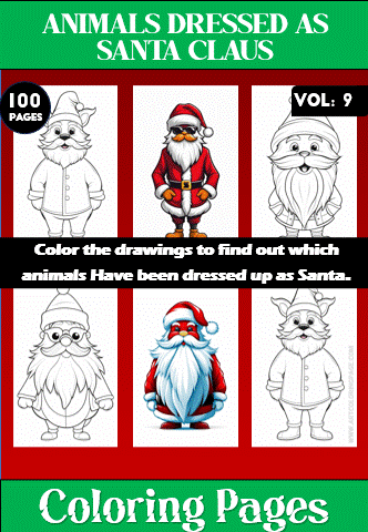 Coloring pages featuring animals dressed as Santa Claus, available in a 100-page coloring book from artcoloringpage.com.