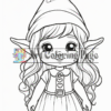 A cartoon girl with long curly hair and pointed ears, wearing a dress and a tall, floppy hat, holding a pencil.