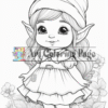 A cute cartoon elf girl with pointy ears, wearing a dress and a hat, standing among flowers.