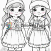 Two whimsical elf characters wearing dresses and pointed hats, standing beside each other in a garden setting.