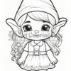 A cute cartoon girl with large eyes, wearing a pointy hat, a dress, and knee-high boots, featuring curly hair and pointy ears.