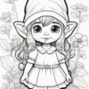 A cute girl with a pointed hat and large eyes, standing among flowers with a smiling expression, outlined for coloring.