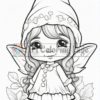 A young fairy girl with braided hair, wearing a pointed hat and a dress, surrounded by flowers and leaves.