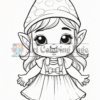 A cute cartoon-style girl with a pointed hat, big eyes, and a dress, standing with her arms open and smiling.