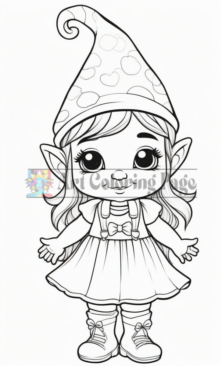 A cute cartoon-style girl with a pointed hat, big eyes, and a dress, standing with her arms open and smiling.