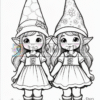 Two adorable cartoon girls with pointed hats, holding hands, wearing matching dresses and boots.