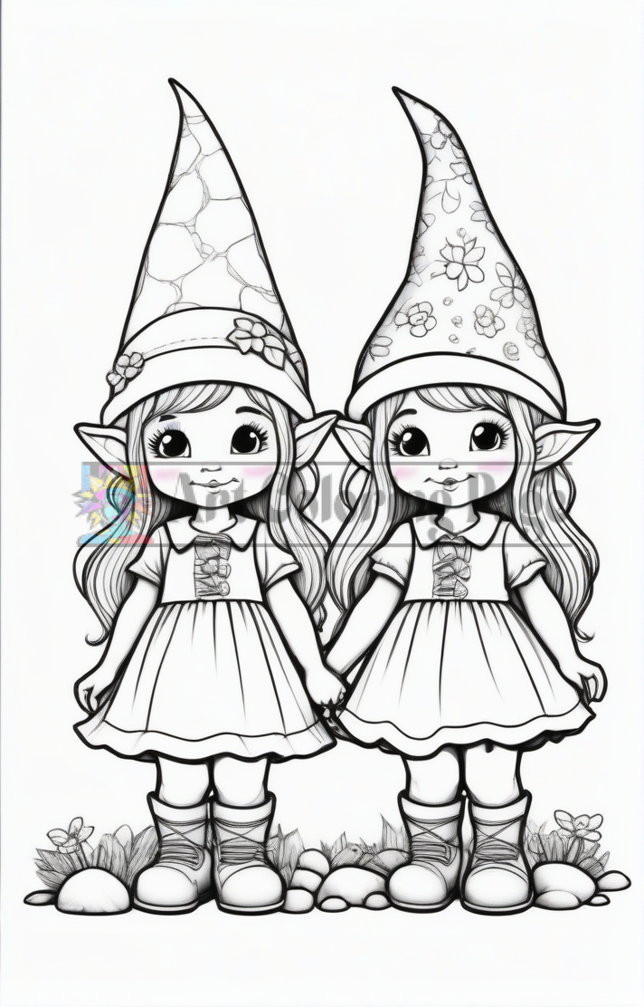 Two adorable cartoon girls with pointed hats, holding hands, wearing matching dresses and boots.