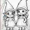 Two cartoonish elf girls with long hair, wearing oversized hats and dresses, standing together in a forest setting.