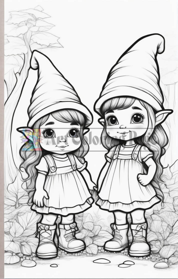 Two cartoonish elf girls with long hair, wearing oversized hats and dresses, standing together in a forest setting.