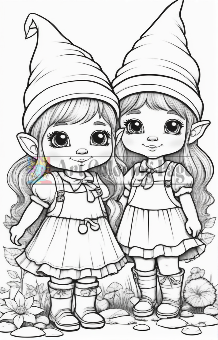 Two cartoonish fairy characters, both with pointy hats and dresses, smiling and standing together in a whimsical garden setting.