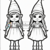 Two cartoon-style girls with pointy hats, identical features, wearing simple dresses and shoes, stand side by side.