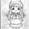 A cute girl in a gnome hat with long hair, dressed in a dress and boots, surrounded by flowers and a whimsical forest backdrop.