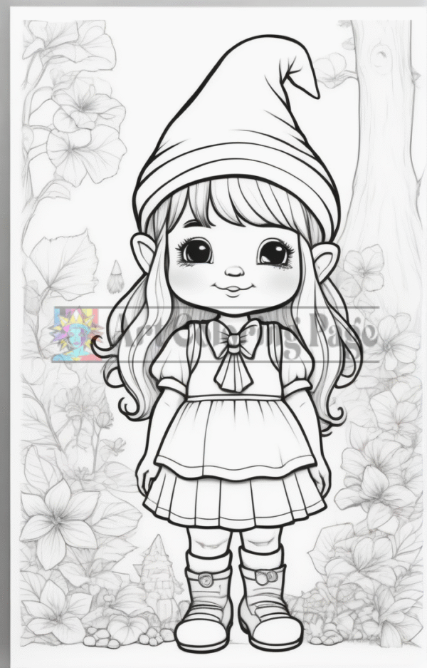 A cute girl in a gnome hat with long hair, dressed in a dress and boots, surrounded by flowers and a whimsical forest backdrop.