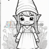 A cute gnome girl character with a large hat, pointed ears, and a dress stands in front of floral designs.