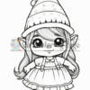 A cute, cartoon-style girl with long hair, wearing a polka dot hat, a dress, and boots, standing ready to be colored.