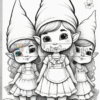 Three cute, cartoon-style elf girls with pointed hats and pigtails, standing together among leaves and flowers in a coloring page illustration.