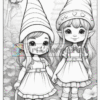 Two cute elf girls stand side by side, each wearing a curved pointed hat and dresses, surrounded by a floral backdrop.