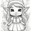 A cute elf girl with large ears, wearing a pointed hat and a dress, stands among flowers, ready for coloring.
