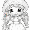 A cute, cartoon-style girl with long, curly hair and a floral hat, surrounded by flowers, set against a simple background.
