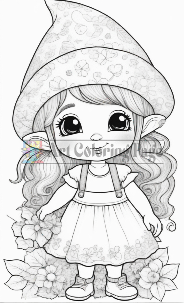 A cute, cartoon-style girl with long, curly hair and a floral hat, surrounded by flowers, set against a simple background.